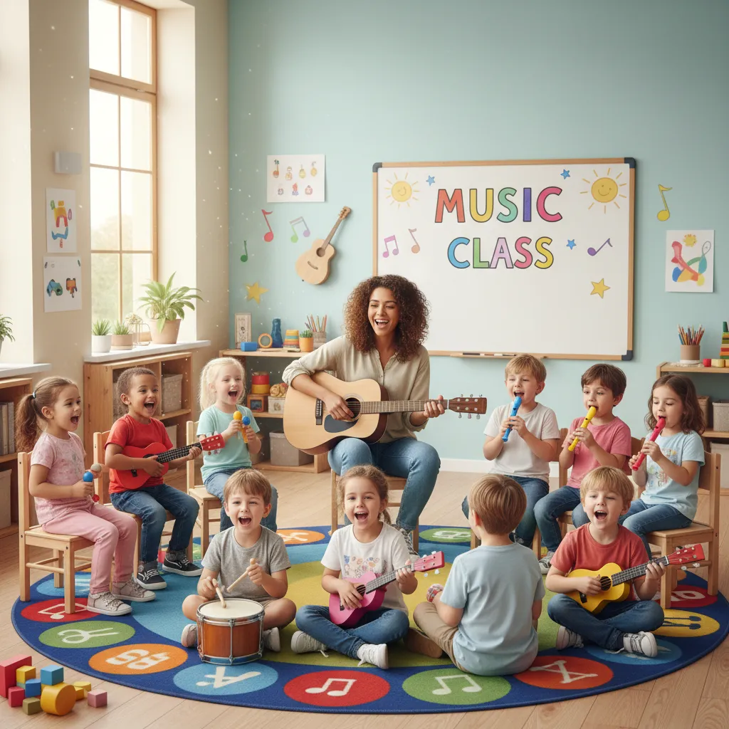 A music educator leads preschool children in a joyful classroom singalong with instruments